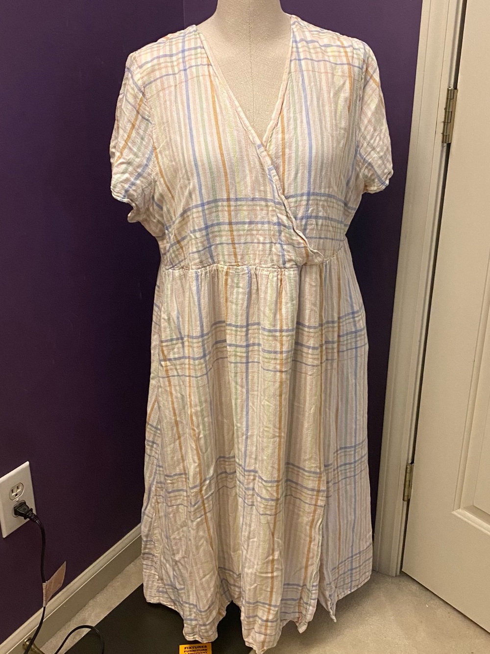 Madewell Women Clara Pastel Plaid Linen Blend Midi Dress Short Sleeve Size XXL